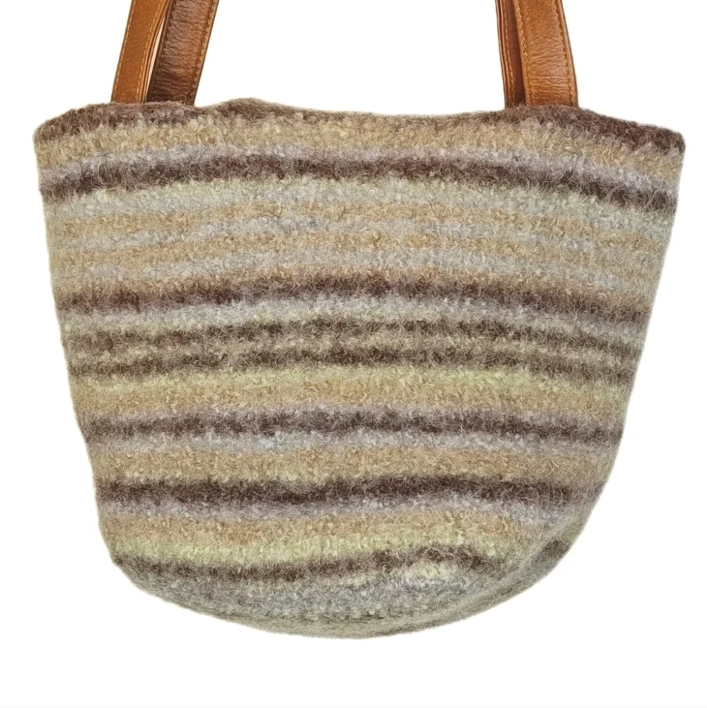Artisan Handmade Fuzzy Wool Buckle Bag Purse Striped Glass Button Fold Over Top